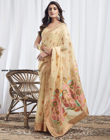 Cream Jacquard Linen Saree