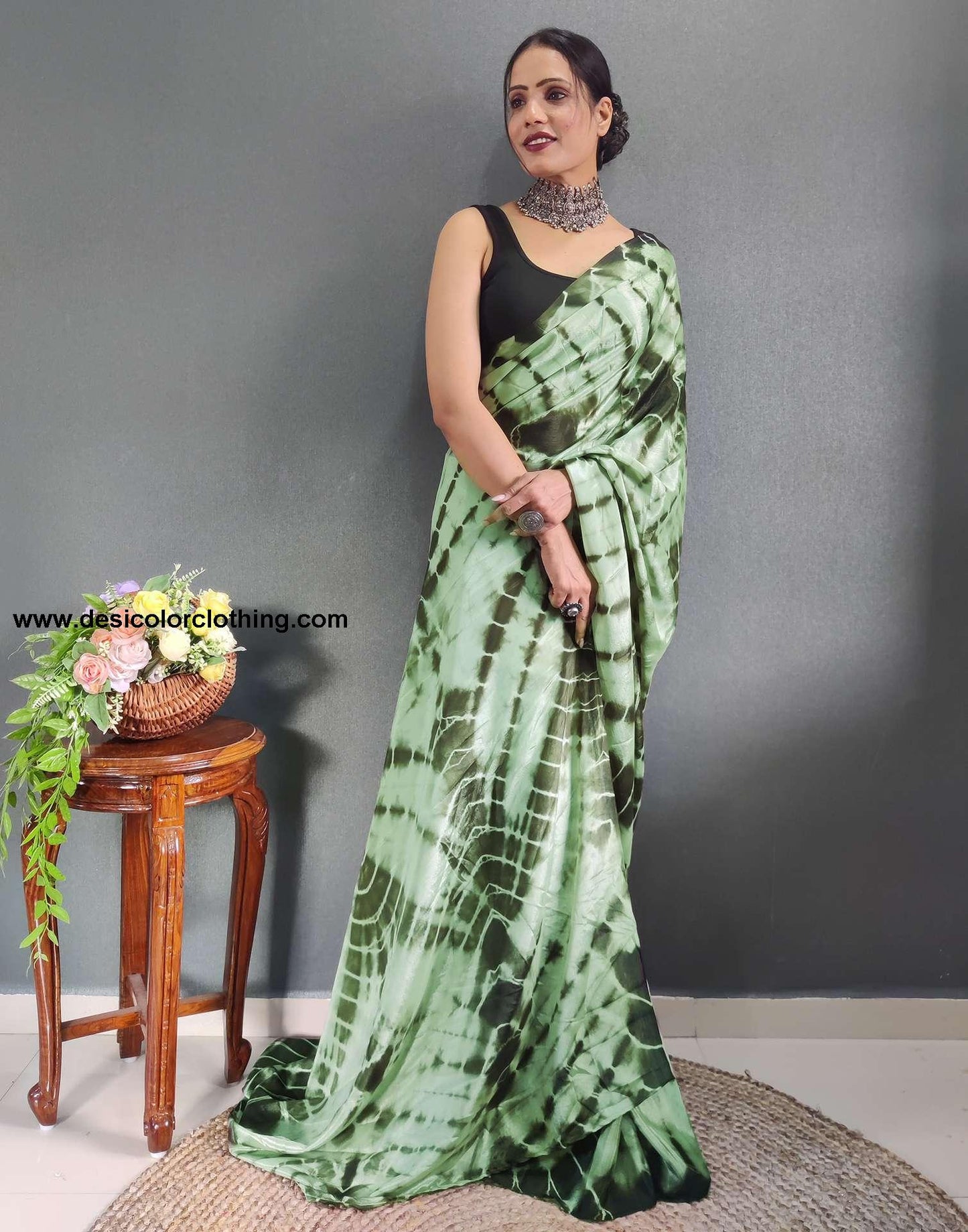 Dull Green Printed Silk Pre-draped Saree
