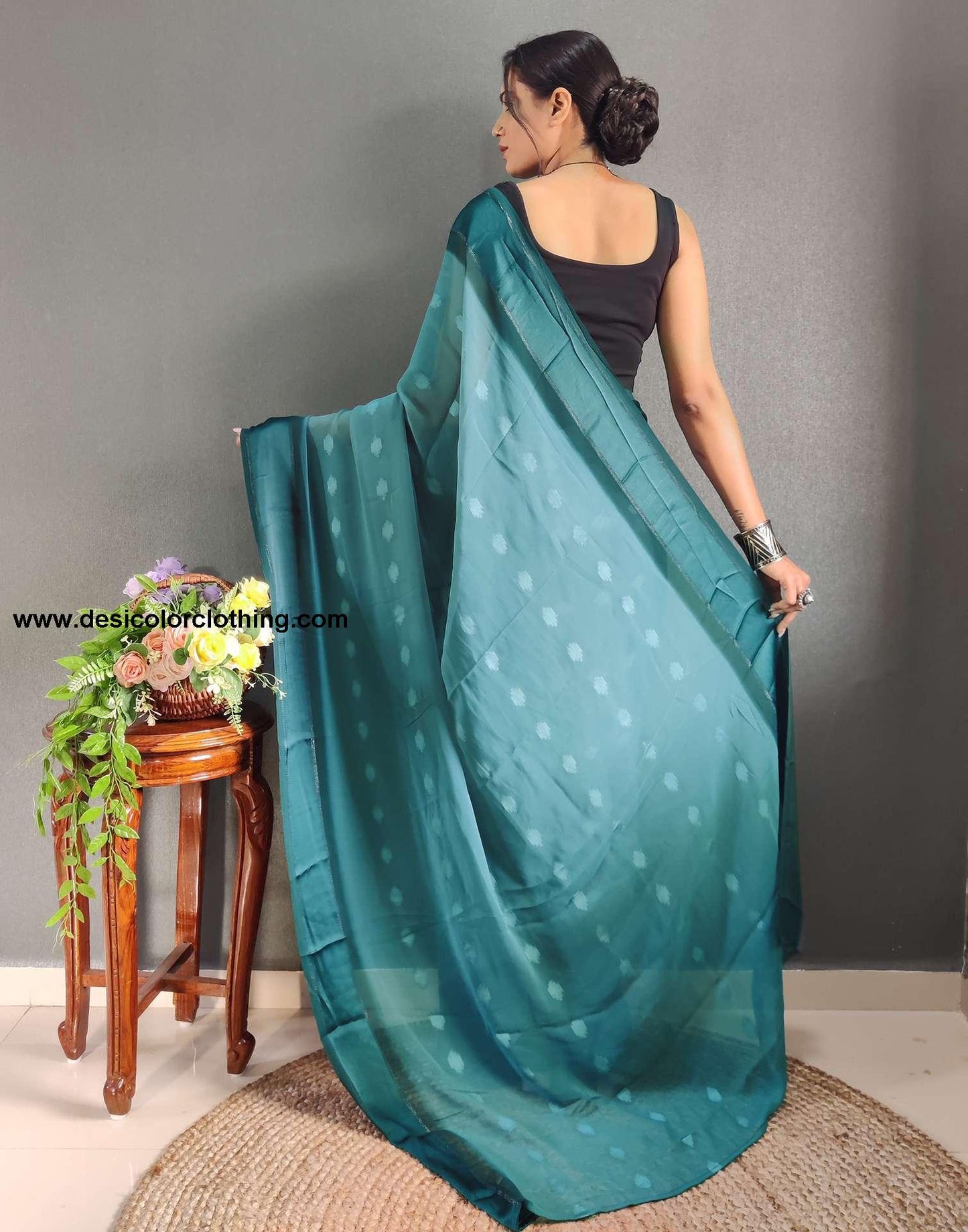 Blue Plain Georgette Pre-draped Saree