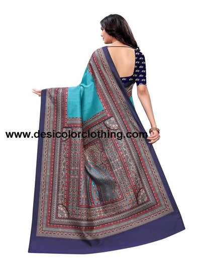 Torquise Blue Coloured Poly Silk Digital Printed Partywear saree