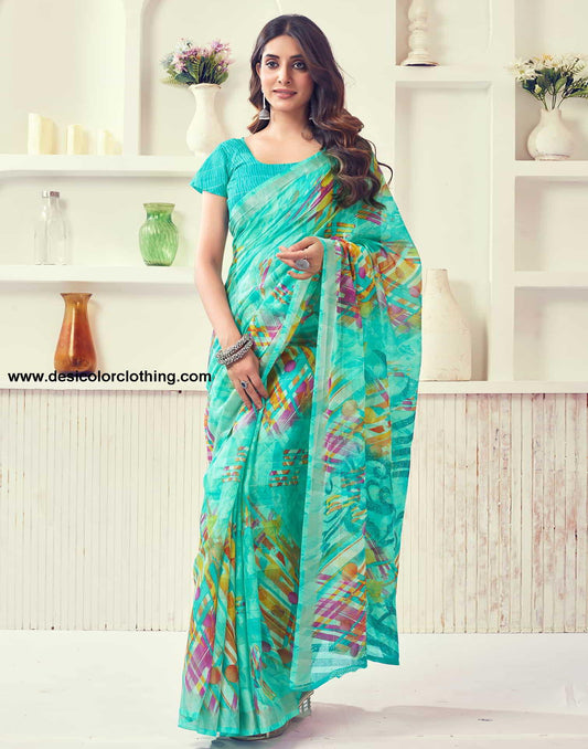 Turquoise Printed Cotton Geometric Saree