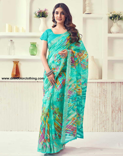 Turquoise Printed Cotton Geometric Saree