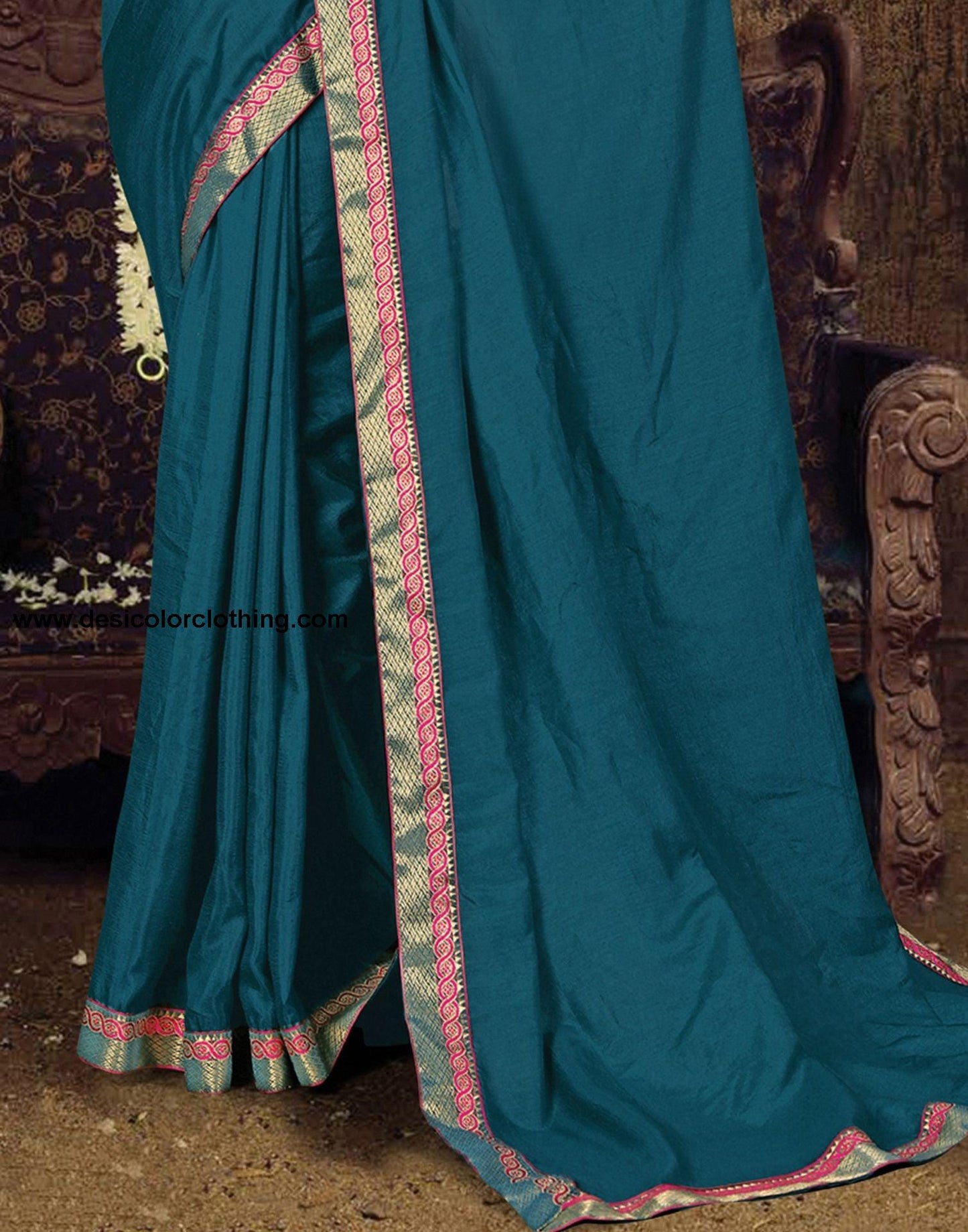 Rani Pink Art Silk Blouse with Dark Teal Blue Poly Silk Saree
