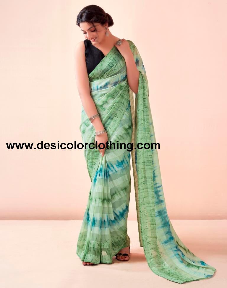 Pista Green Georgette Printed Ready to Wear Saree