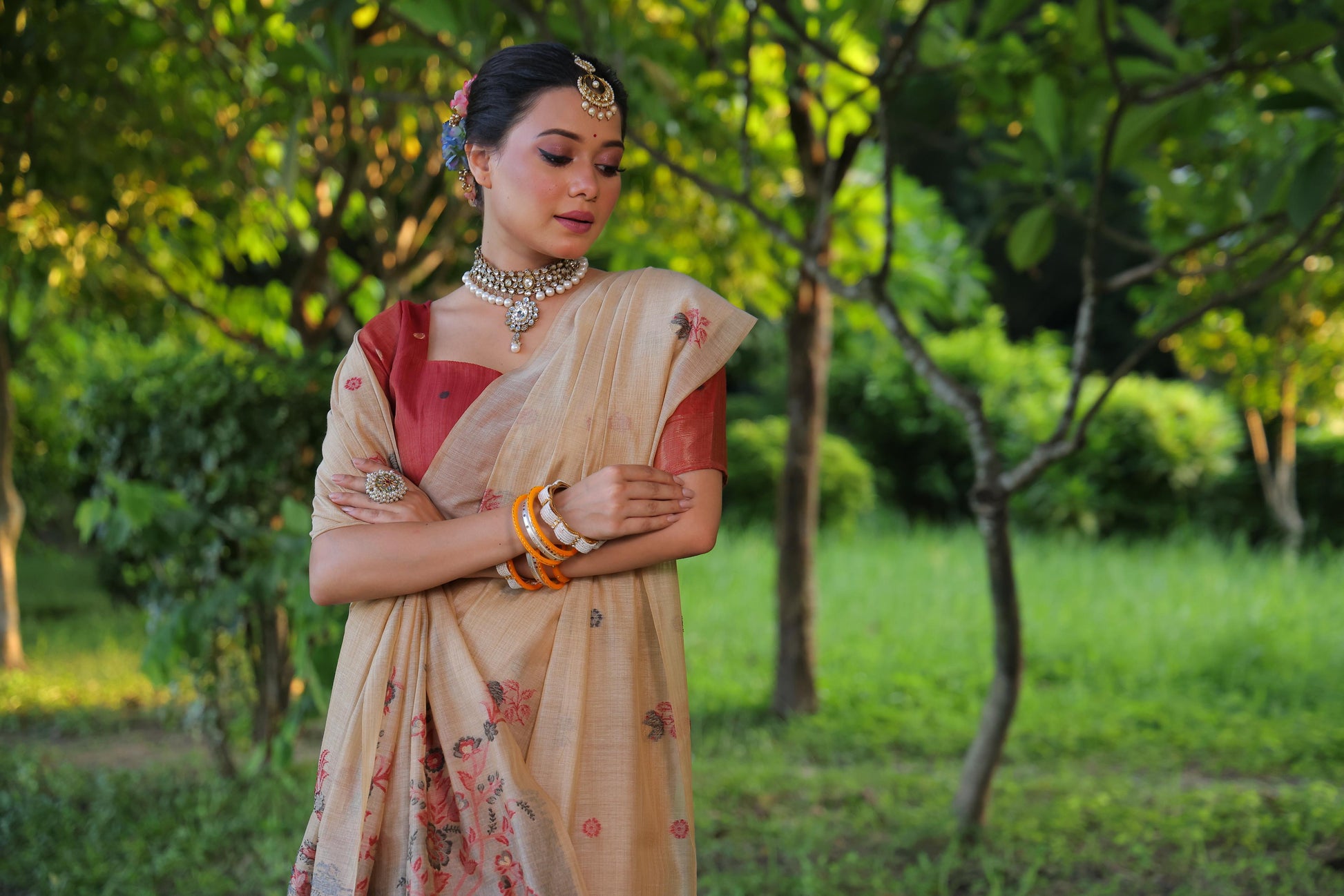 Product Image - Designer Muga Cotton Saree with Floral Weaving