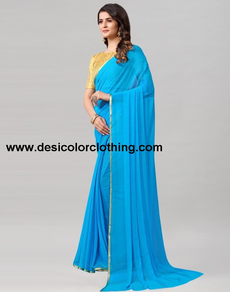 Sky Blue Plain Chiffon Saree