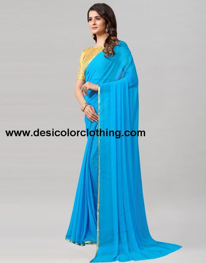 Sky Blue Plain Chiffon Saree