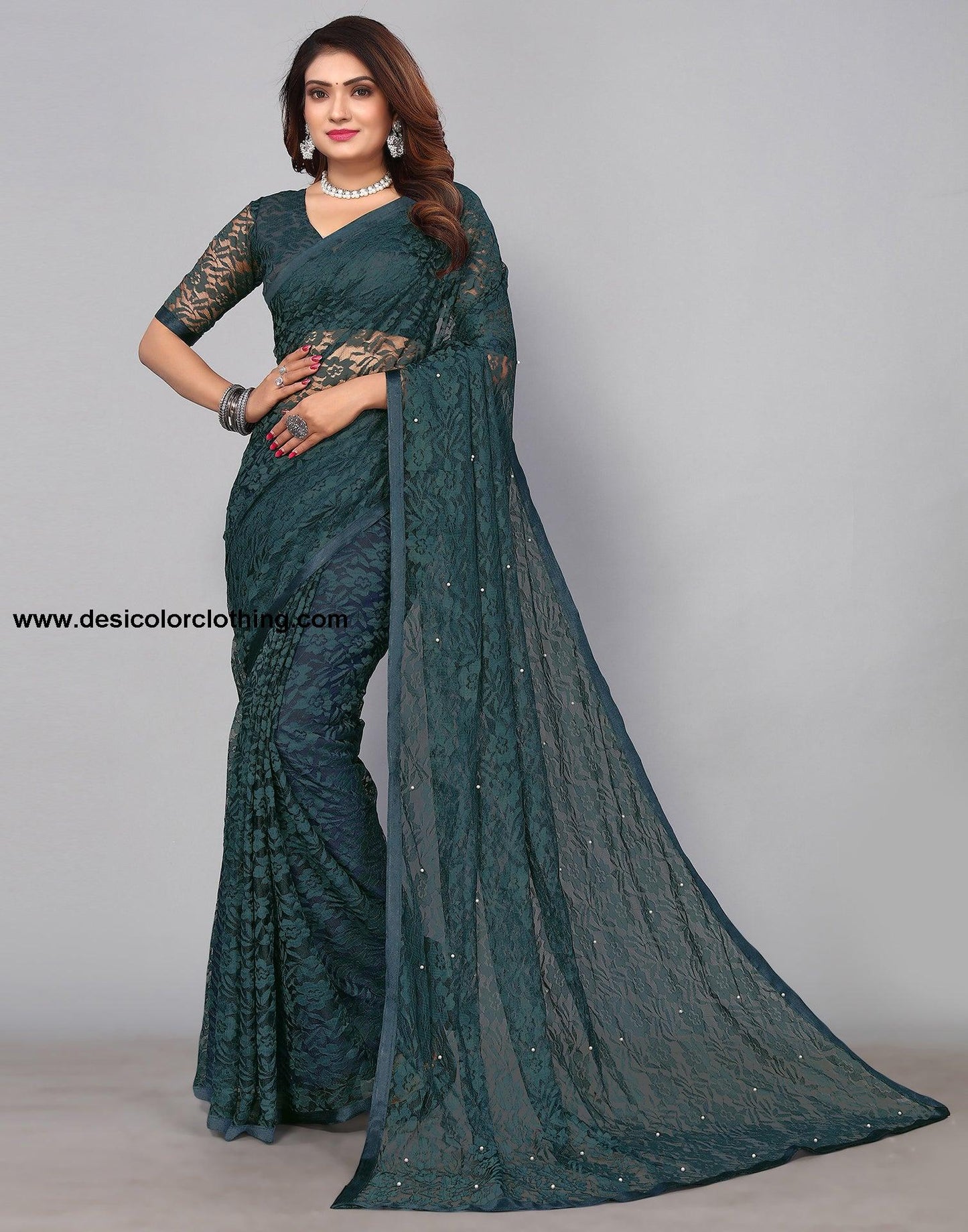 Pine Green Net Lace Saree