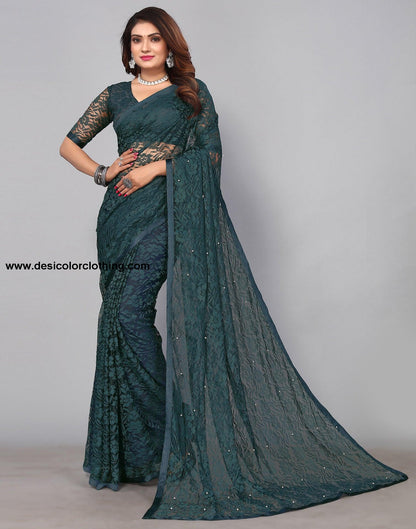 Pine Green Net Lace Saree