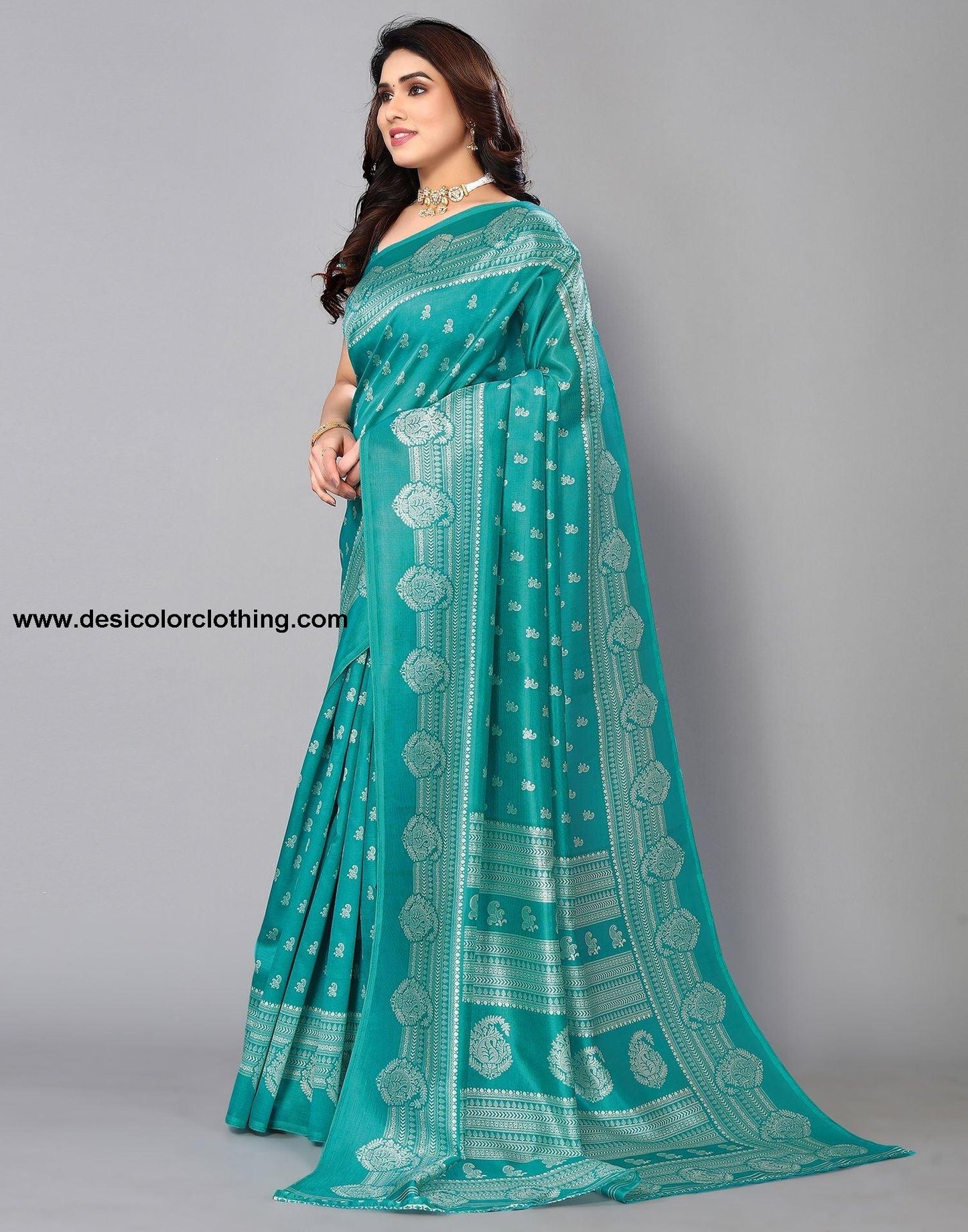 Rama Green Silk Printed Saree