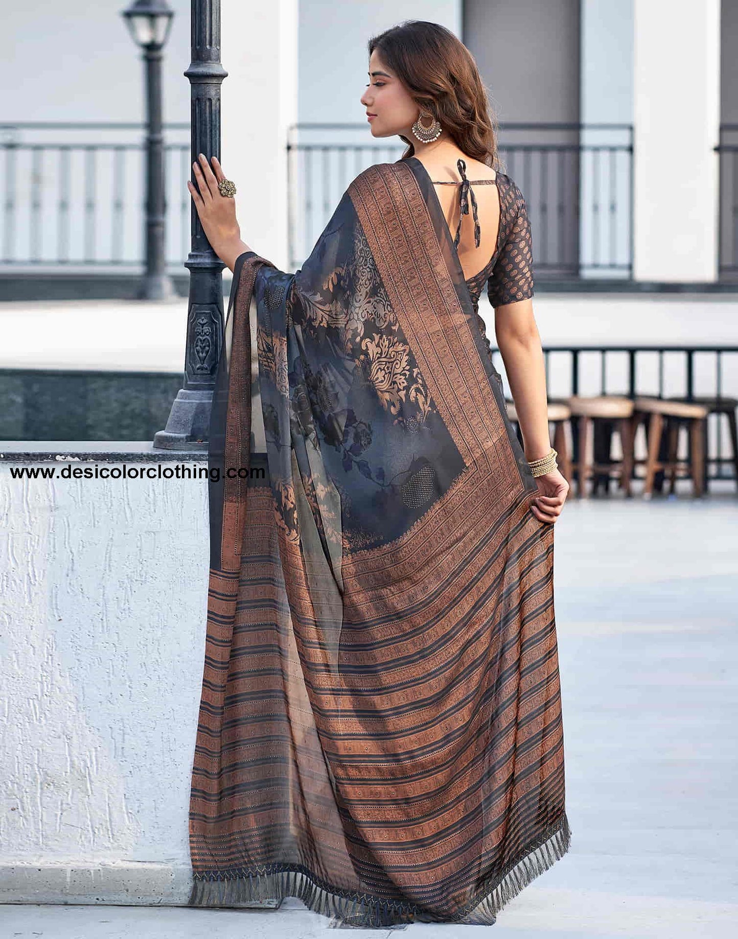 Steel Grey Georgette Printed Saree