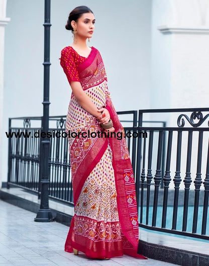 Pink Cotton Printed Saree