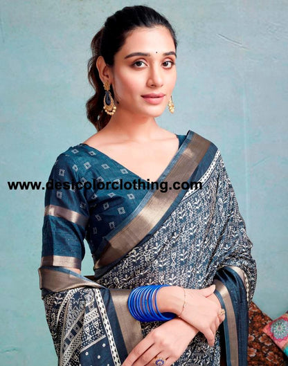 Dusty Blue Silk Printed  Saree