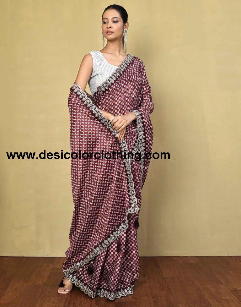 Dusty Maroon Silk Printed Saree