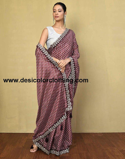 Dusty Maroon Silk Printed Saree