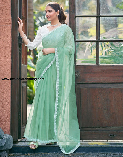 Pista Green Net Plain Saree