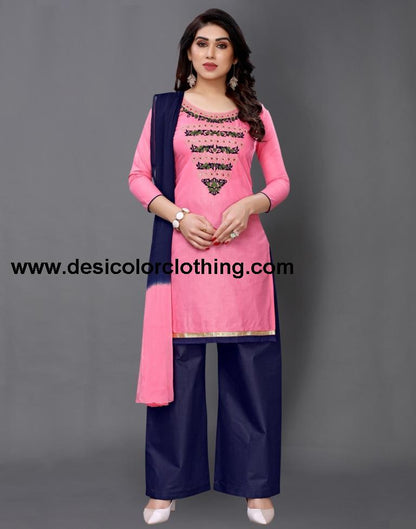Pink Cotton Embroidered Unstitched Salwar Suit