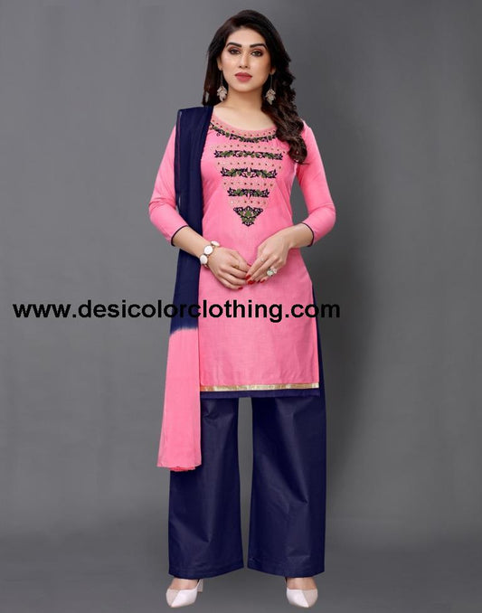 Pink Cotton Embroidered Unstitched Salwar Suit