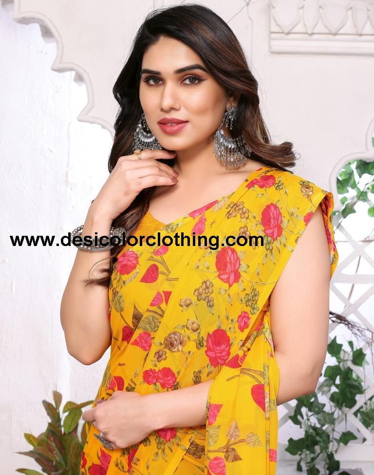 Turmeric Yellow Georgette Floral Printed Saree