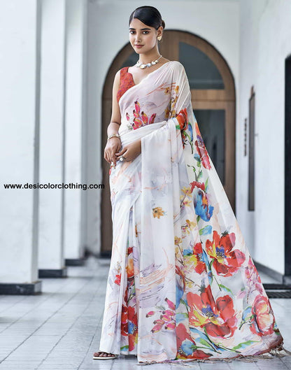 White Printed Georgette Saree