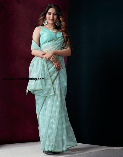 Blue Net Plain Saree