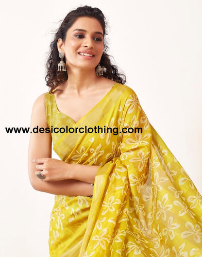 Yellow Cotton Printed Sarees