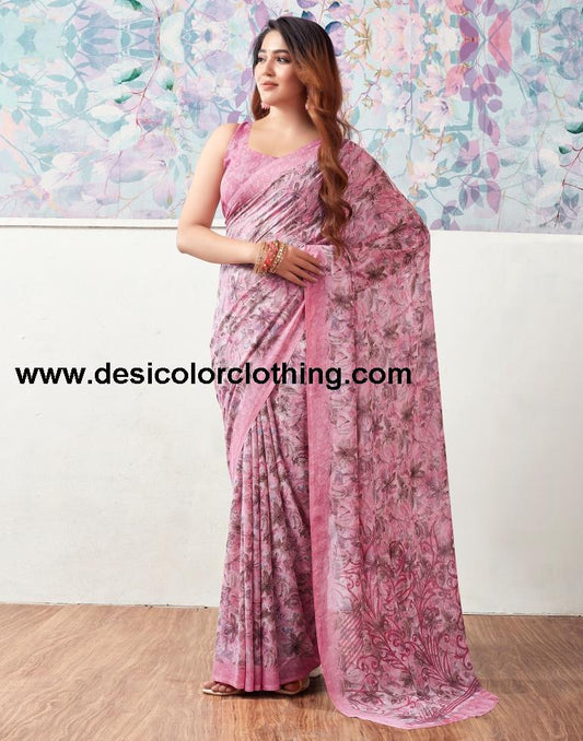 Pink Georgette Printed Saree
