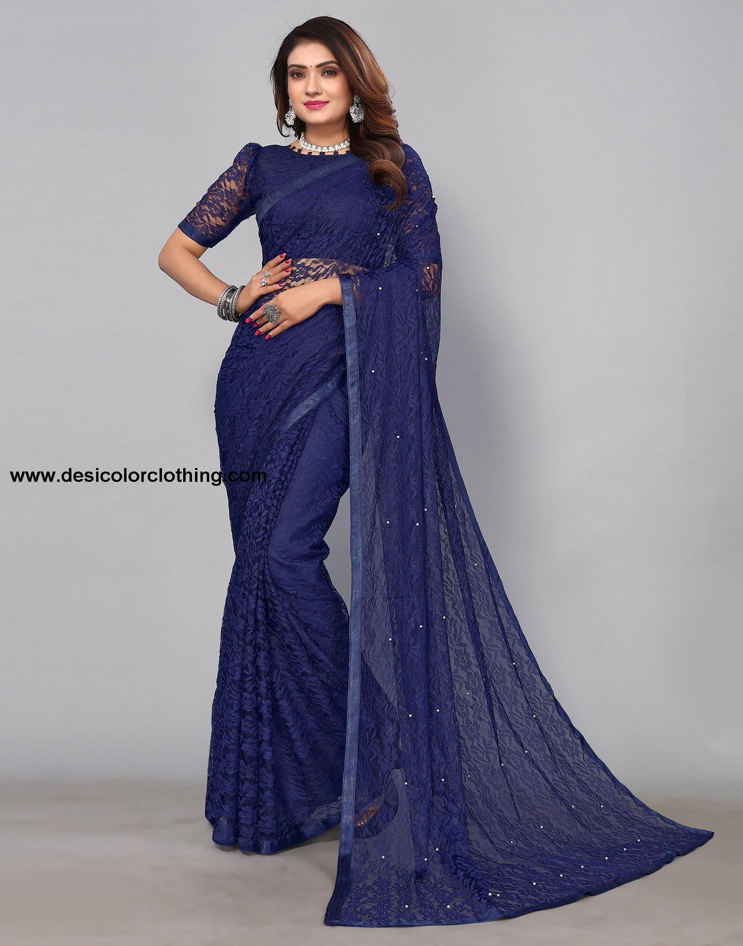 Dark Blue Net Lace Saree