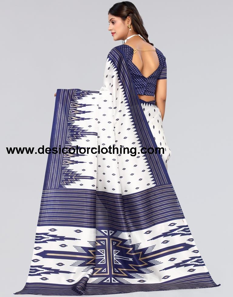 White Printed Silk Saree