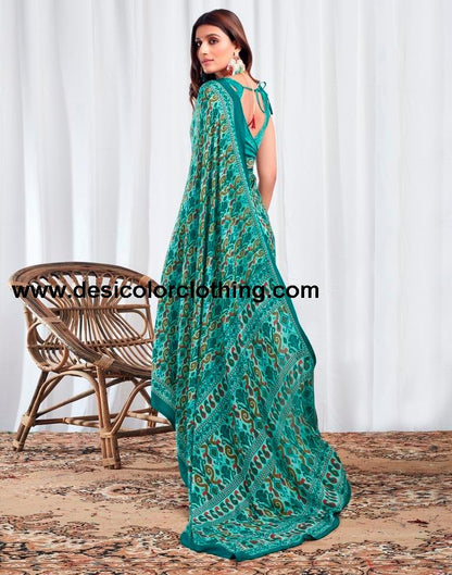 Teal Blue Silk Printed Sarees