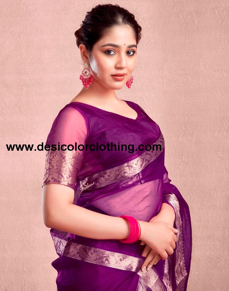 Dark Magenta Orgenza Plain Saree