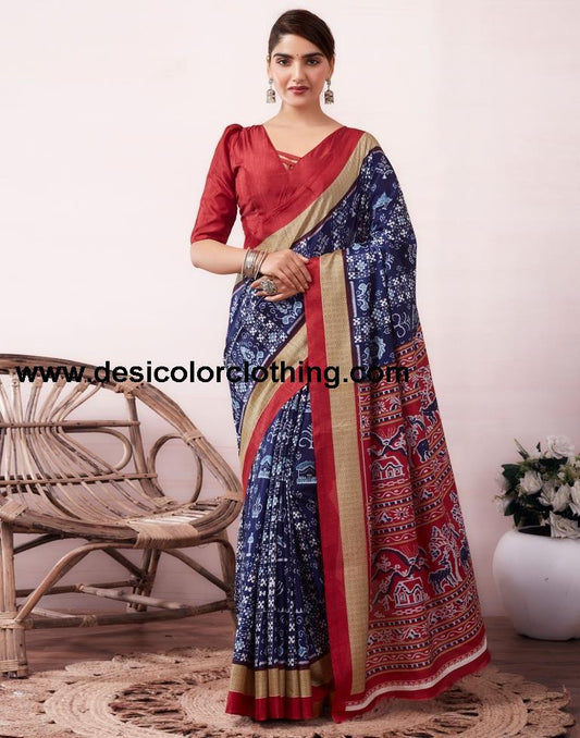 Dark Blue Silk Printed  Saree