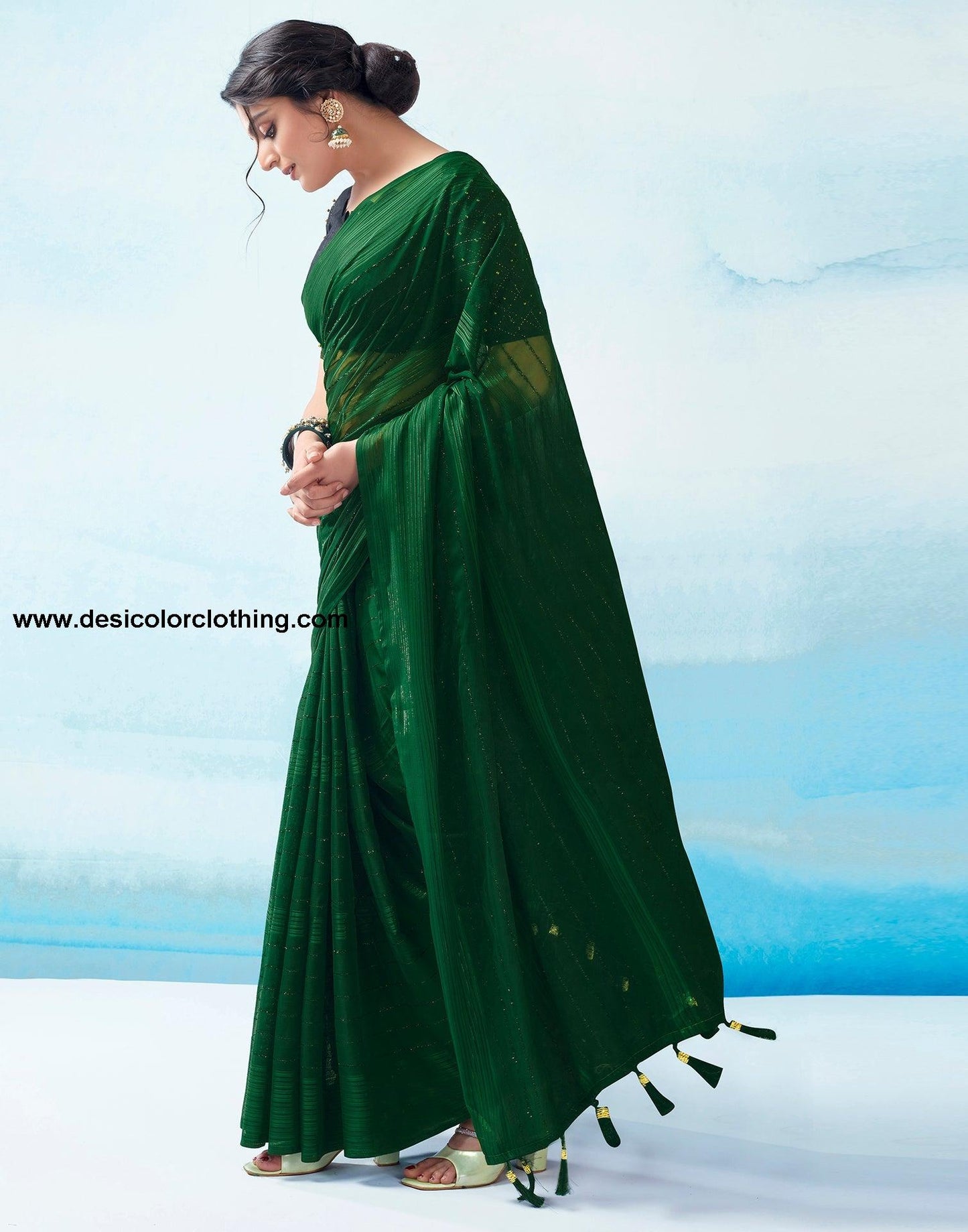 Dark Green Georgette Plain Saree