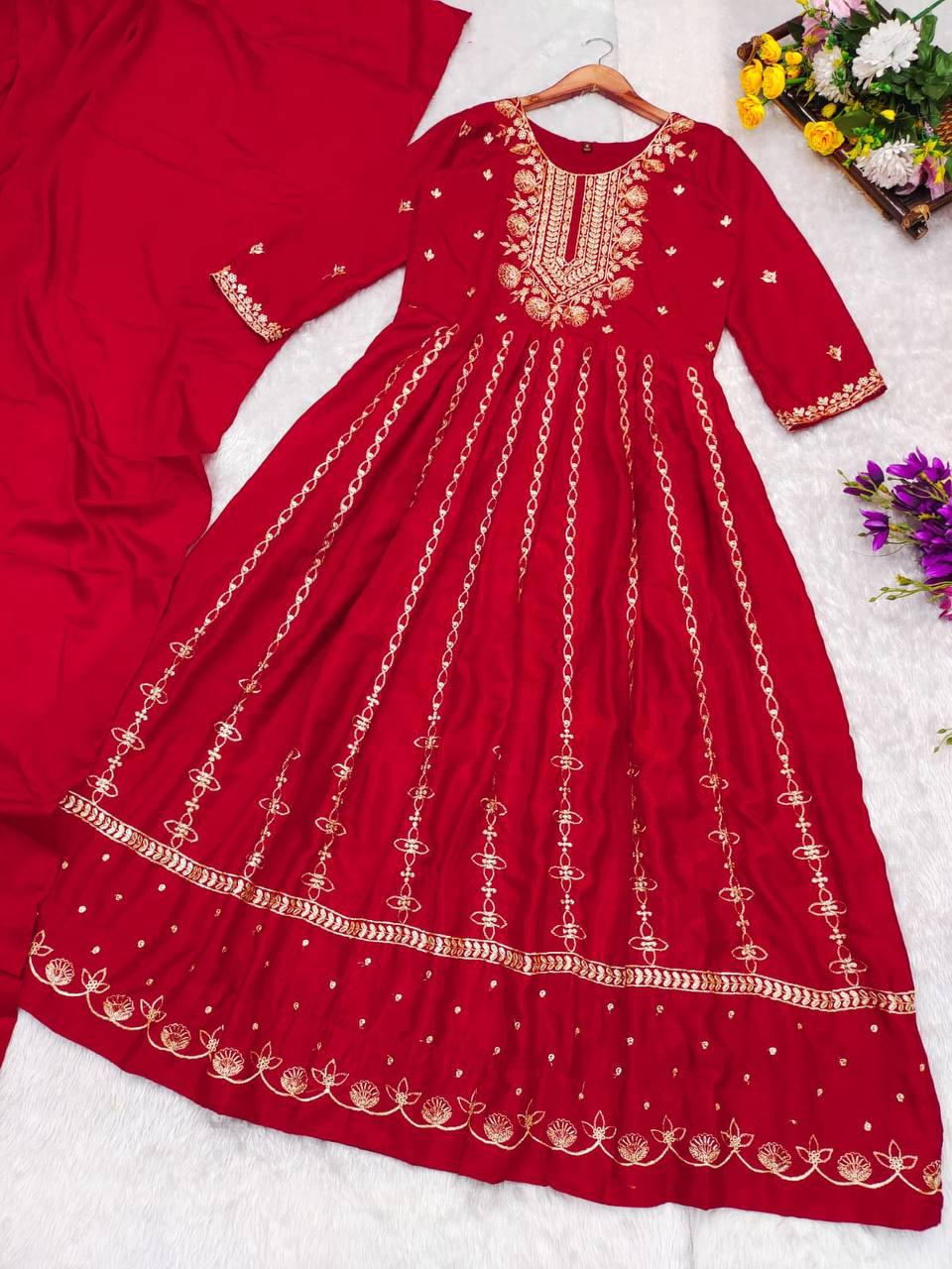 Product Image - ANAYA - Elegant Embroidered Chinnon Anarkali Dress