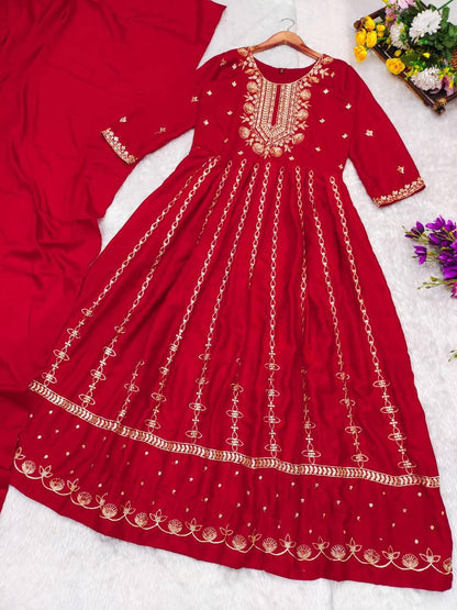 Product Image - ANAYA - Elegant Embroidered Chinnon Anarkali Dress