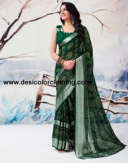Dark Green Chiffon Printed  Saree