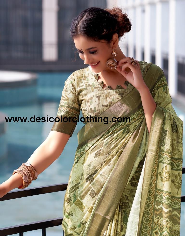 Dull Yellow Silk Printed Saree