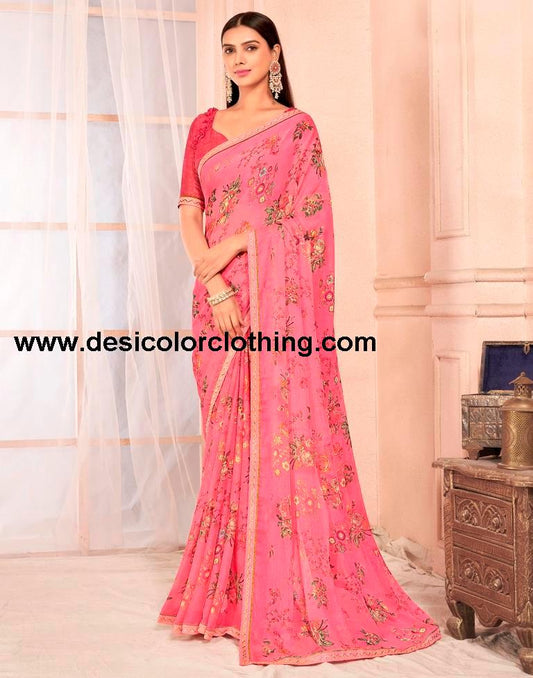 Rose Pink Chiffon Printed Saree