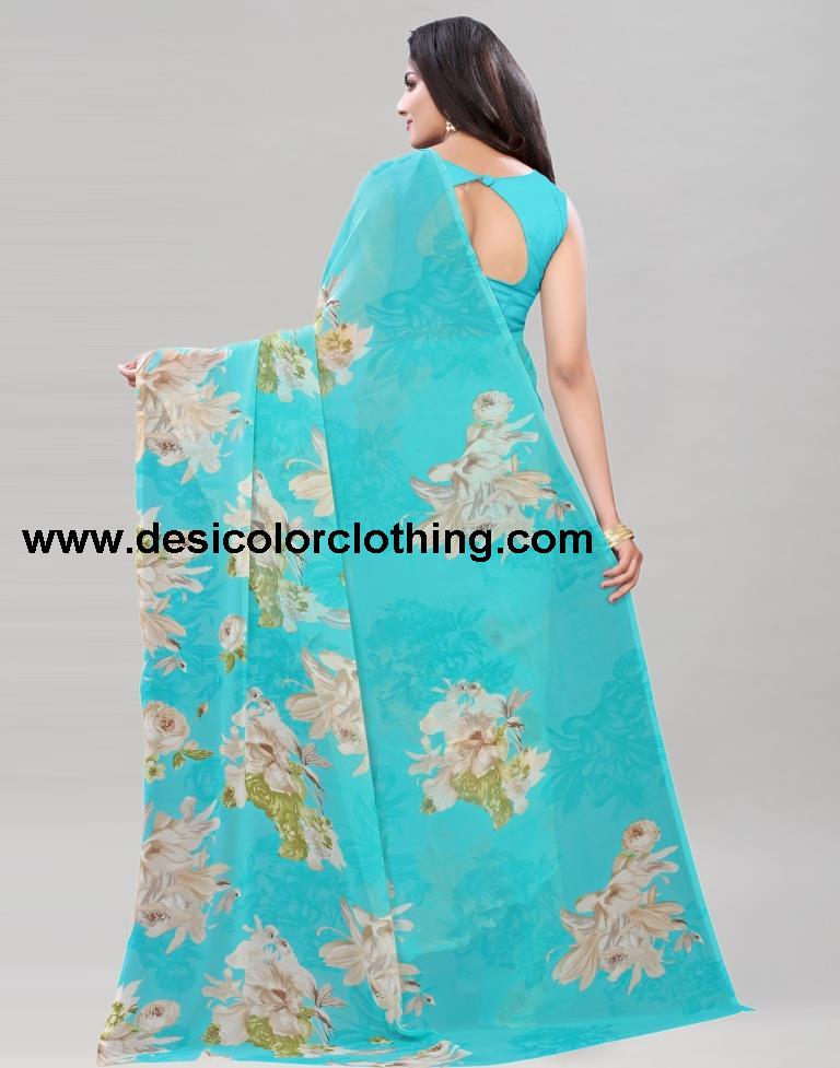 Aqua Blue Printed Saree