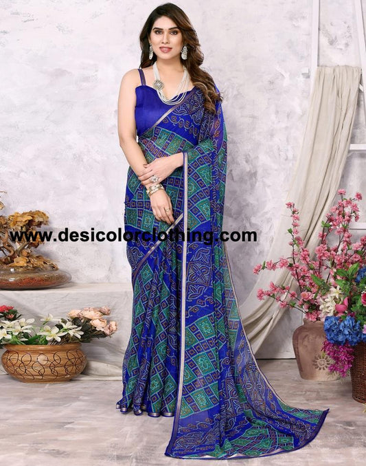 Royal Blue Chiffon Bandhani Printed Saree