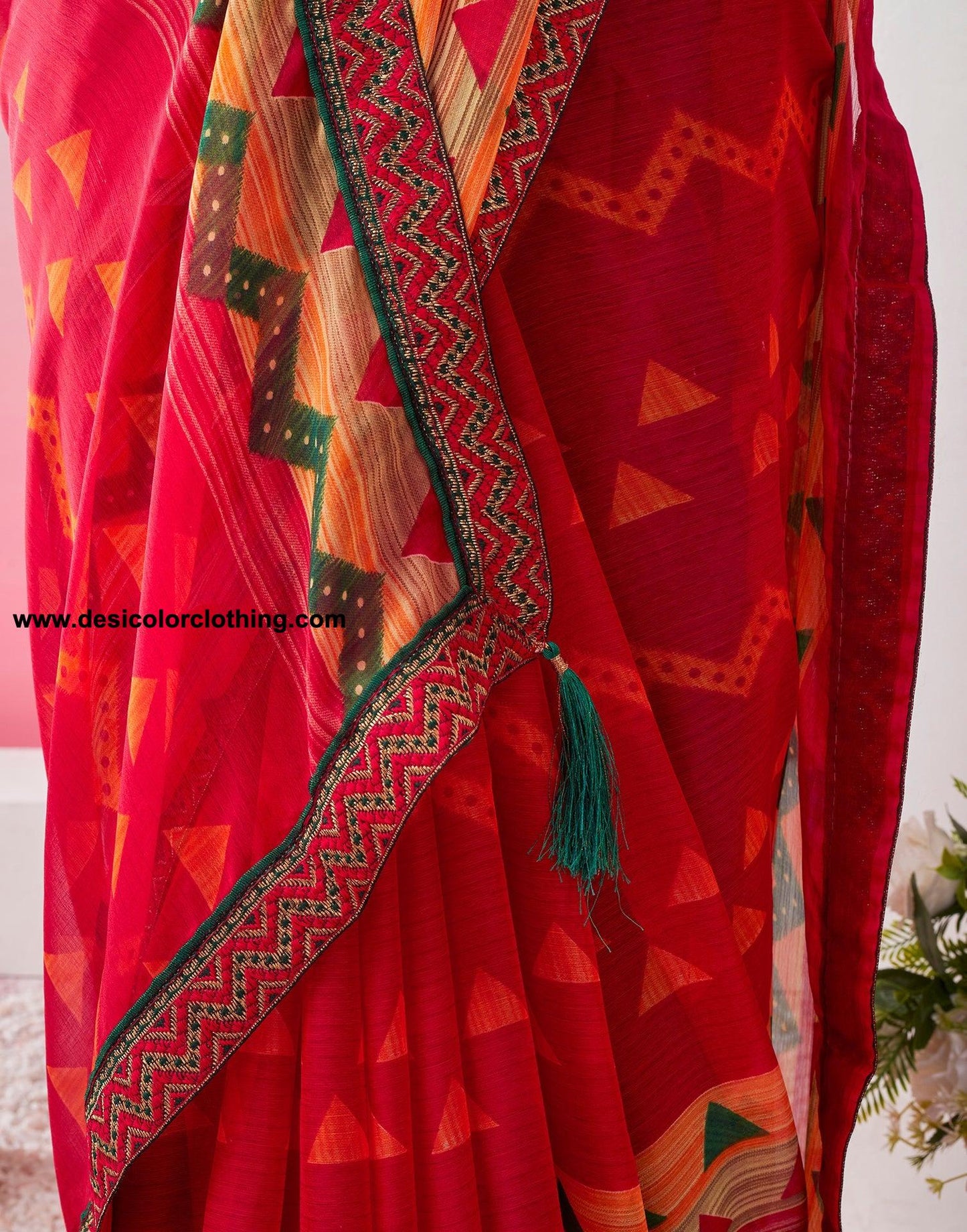 Red Chiffon Printed Saree