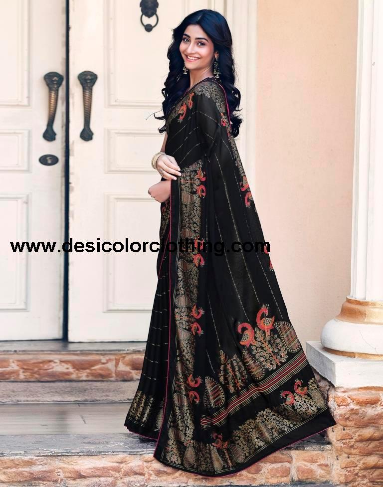 Black Cotton Printed Saree