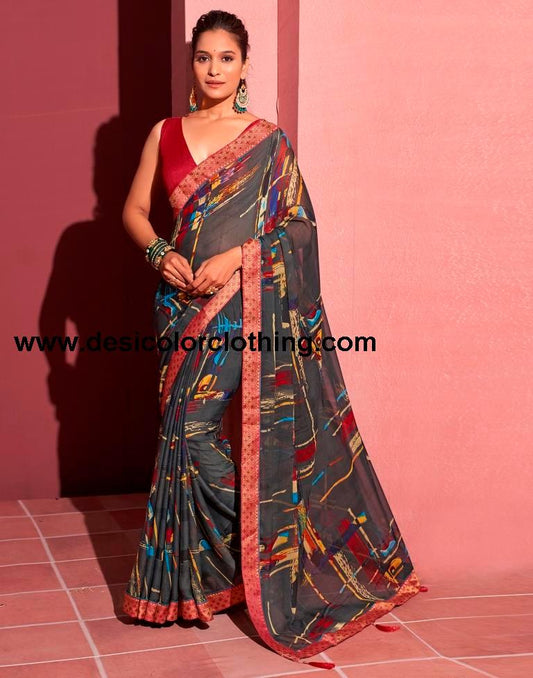 Dark Grey Chiffon Printed Saree