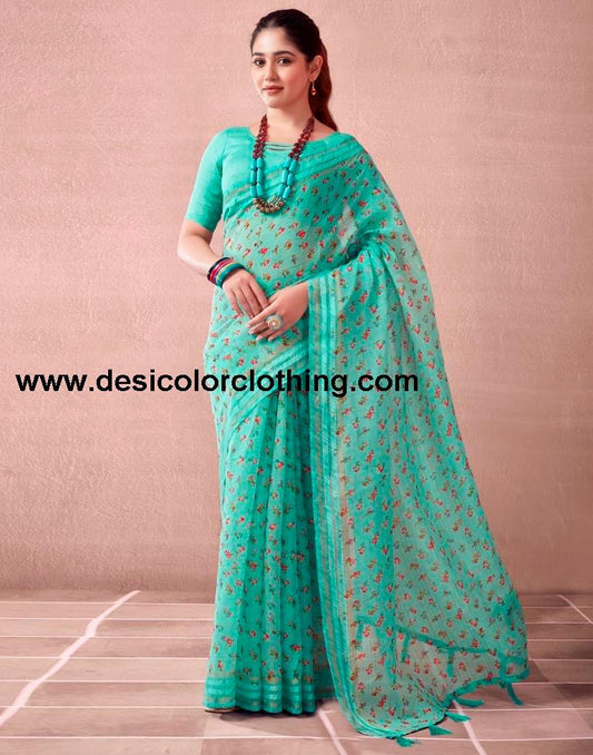 Turquoise Cotton Printed  Saree