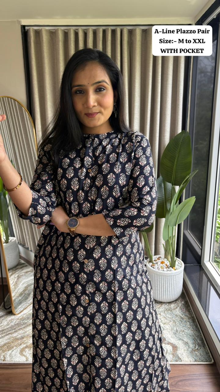 Product Image - Ajrakh Print Cotton Kurti Plazzo Set
