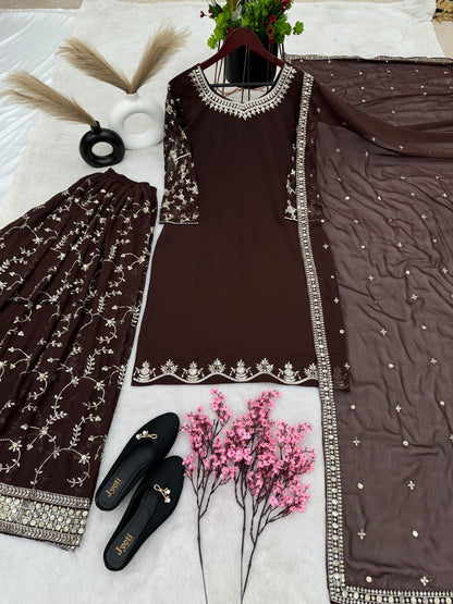 Party Wear Look Top-Plazzo and Dupatta With Heavy Embroidery Work