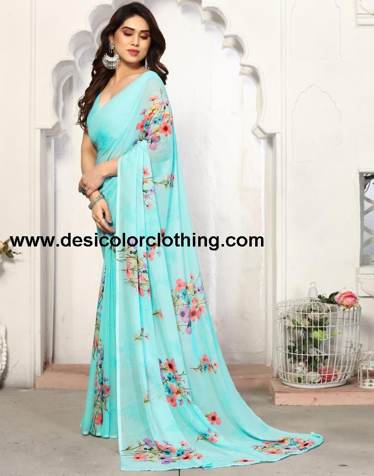 Sky Blue Georgette Printed Saree