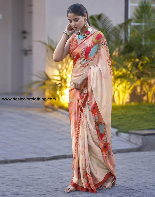 Cream Printed Satin Saree