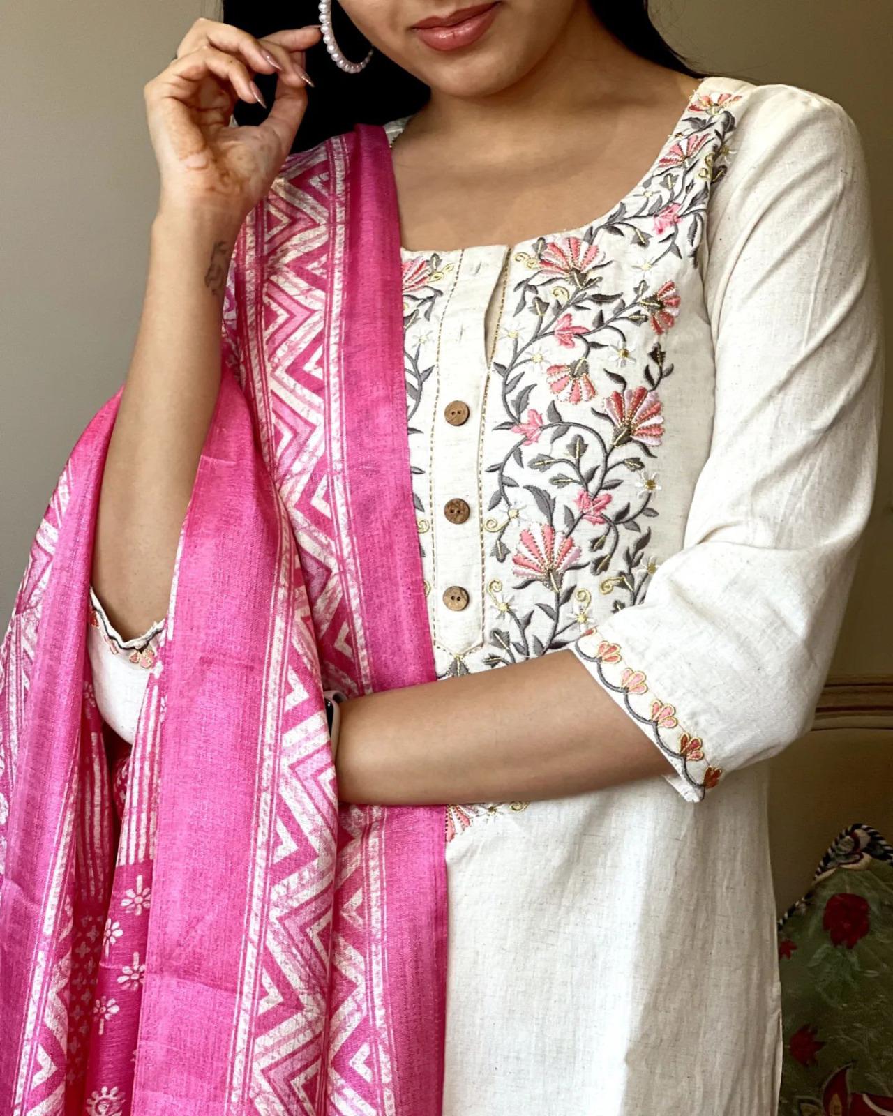 Product Image - Khadi Cotton Embroidery Suit with Khadi Silk Dupatta – Perfect Festive Wear
