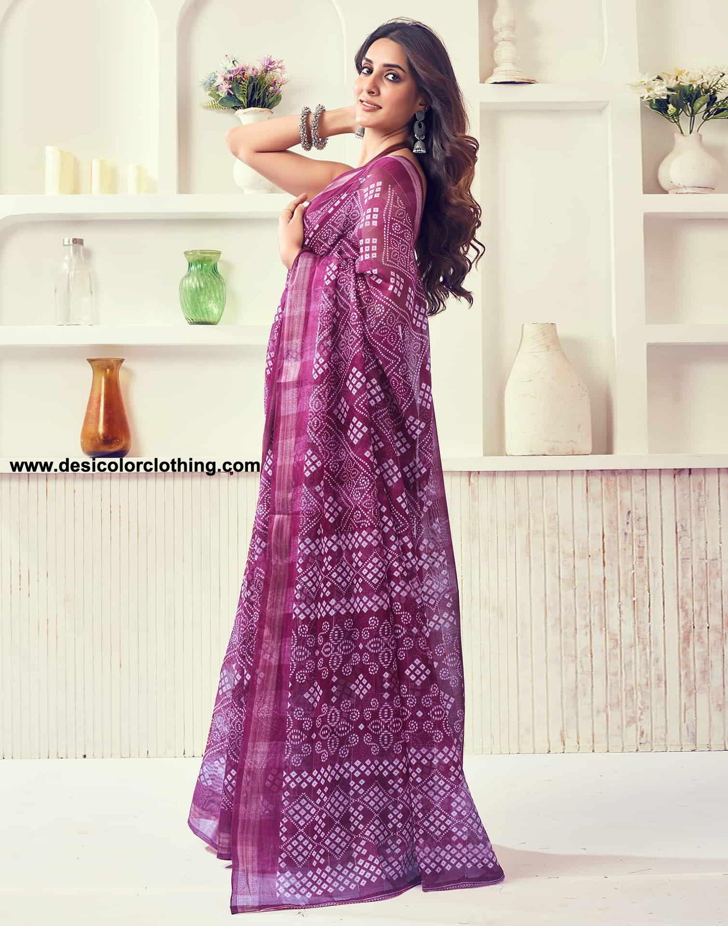 Wine Printed Cotton Bandhani Saree